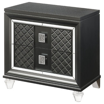 Nightstand, 2 Drawers With Grid Patterned Front & Crystal Knobs, Metallic Gray