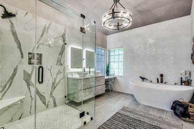 Mid-sized transitional master white tile porcelain tile, gray floor, double-sink and vaulted ceiling bathroom photo in Dallas with flat-panel cabinets, gray cabinets, a two-piece toilet, gray walls, a vessel sink, quartz countertops, a hinged shower door, white countertops, a niche and a floating vanity