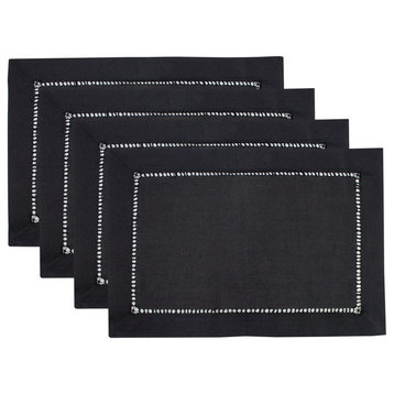 Stylish Solid Color Hemstitched Border Placemat, 13"x19" - Set of 4, Black