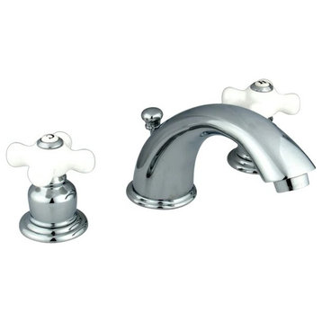 Modern Victorian Bathroom Faucet, Curved Spout & White Crossed Handles, Chrome