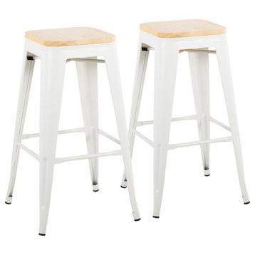 Oregon Contemporary Barstool, White Steel/Natural Wood, Set of 2
