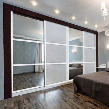 4 Leafs Sliding Bypass Closet Door with Mirror & Frosted Glass Insert, 106"x96" Inches
