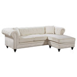 Meridian Furniture - Sabrina Velvet 2-Piece Reversible Sectional, Cream - Lounge in luxurious style and comfort with this sleek Sabrina cream velvet reversible two-piece sectional. Featuring elegant, plush velvet upholstery and a deep tufted back, this sectional is a little piece of heaven for you to kick back and relax on. Double row chrome nailheads give the sectional a contemporary element, and a reversible chaise offers a comfortable place to kick up your feet after a long day. Pillows are included as well to add to your comfort.