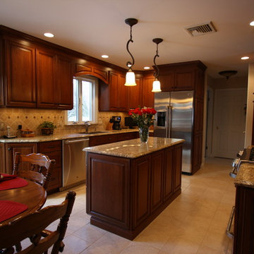 Rockaway NJ Traditional Kitchen - Medium Cherry -Granite- Tapered Wood Hood