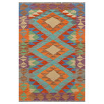 Bareens Designer Rugs - Tribal Turkish Kilim Tabatha Hand-Woven Wool Rug - 3'3'' x 4'10'' - Elevate the elegance of your home with this stunning hand-woven tribal Kilim wool rug. Meticulously crafted on a loom by the Nomad Turkman people using hand-spun wool and 100% natural vegetable dyes, these rugs are recognized for their repetitive geometric patterns, incorporating naturalistic floral and traditional designs. The contemporary fashion palette results in bold, sharp patterns that are incredibly versatile, as the pattern is the same on both sides. These reversible rugs feature a lighter shade on one side and brighter colors on the other, providing versatility according to preference. These unique rugs are made by knotting short strands of different colors onto the warps and securing them by tightly pressing the wefts. The designs are created by interweaving the various colored wefts and warps. Kilims are known for their exceptional durability and versatility, making them truly unique rugs.  Product Details    Rug Size: 3'3'' x 4'10''  Material: 100% Wool  Style: Kilim, Flat Weave, Dhurrie, Turkish, Southwestern, Rustic, Tribal  Colors: Blue, Rust  Weave Type: Hand-Woven, Handmade  Pile Height: Less than 0.25 inch