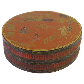 Chinese Brown Lacquer Scenery Painting Round Box