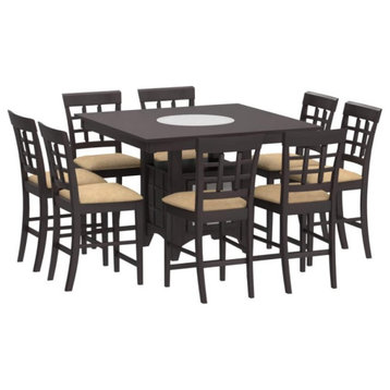9 Pieces Counter Dining Set, Table With Frosted Glass Lazy Suzan & Wine Rack