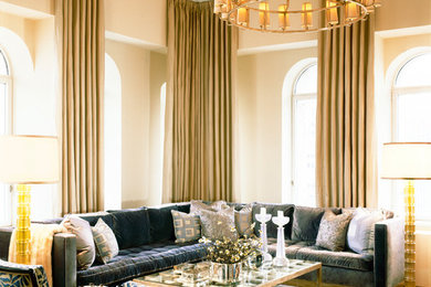 Example of a huge transitional formal and loft-style light wood floor living room design in New York with beige walls