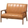 Nikko Mid-century Modern Tan Faux Leather and Walnut Brown Loveseat