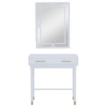 Contemporary Console Table & Wall Mirror, Drawer With Golden Pulls, Smooth White