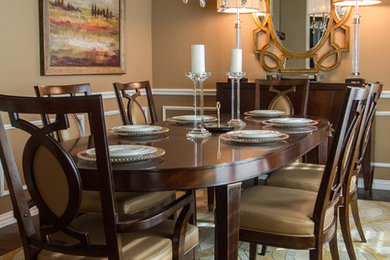 Inspiration for a mid-sized transitional dining room in Dallas with beige walls and dark hardwood floors.