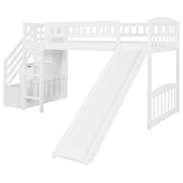 Gewnee Wood Twin Loft Bed with Storage Stairway and Slide in White