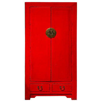 Chinese Distressed Red Tall Wedding Armoire Wardrobe TV Cabinet Hcs7315