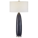Uttermost - Cullen Blue Gray Table Lamp - This Handcrafted Ceramic Table Lamp Showcases An Elevated Look With A Striped Motif And A Prussian Blue-gray Glaze. Brushed Nickel Plated Iron Details Accentuate The Design.