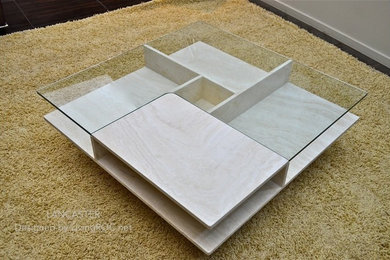 Table basse pierre et verre haut de gamme (marbre Persan)100x100x35c : LANCASTER