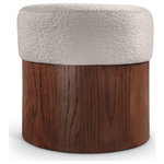 Meridian Furniture - Nimes Upholstered Ottoman, Beige, Velour Fur, Walnut Finish - Strikingly modern, the Nimes beige velour fur fabric upholstered ottoman combines plush comfort with sleek design. The top is wrapped in luxurious velour fur fabric, offering a soft and inviting texture, while the cylindrical rich brown walnut wooden base provides a minimalist contrast. This versatile ottoman is perfect as extra seating, a footrest, or a stylish accent in any living space.