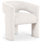 Meridian Furniture - Riz Upholstered Chair, Cream, Microsuede Corduroy - The Riz cream corduroy upholstered accent chair offers a modern twist on classic comfort. Crafted from soft, textured corduroy, this chair invites you to relax in style while its curved barrel design brings a touch of elegance to any room. The wide ribbed fabric enhances both the aesthetic and tactile appeal, making it the perfect blend of sophistication and cozy charm.