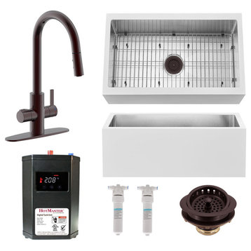 30" Single Bowl Farmhouse Solid Surface Sink and Instant Hot Faucet Kit, Oil Rubbed Bronze