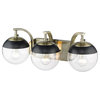 3-Light Bath Vanity in Aged Brass with Clear Glass and Black Cap