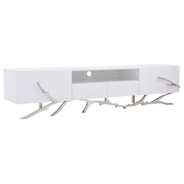 Root TV Stand, Modern White Casegood, Metal Tree Branch Entertainment Center