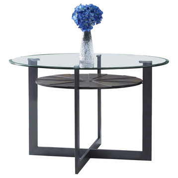 Modern Dining Table, Black Metal Base With Round Tempered Glass Top, Mahogany