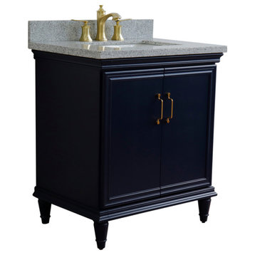 31" Single Vanity, Blue Finish With Gray Granite And Rectangle Sink