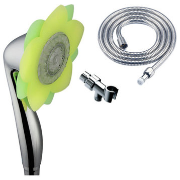 3 Function 7 Color LED Flower Shower Head, Hose & Mounting Bracket, Yellow/Green