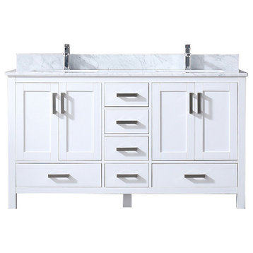 Jacques 60" White Double Vanity, White Carrara Marble Top, Sinks,no Mirror