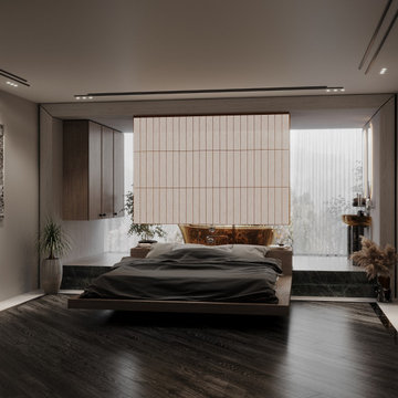 Bedroom with a transparent bathtub!
