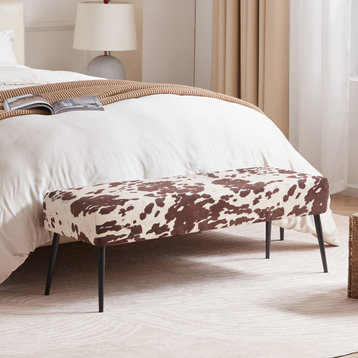Textured Pattern Velvet Bedroom Bench, Coffee & Cow
