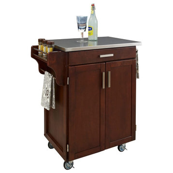 Modern Kitchen Cart, 2 Doors Cabinet and Drawer With Stainless Steel Top, Cherry