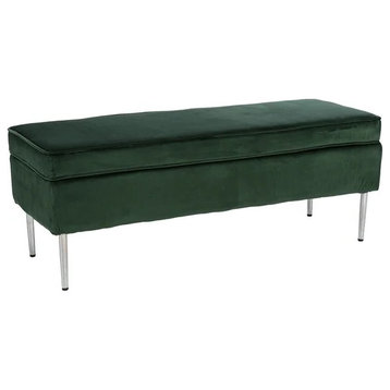 Transitional Storage Bench, Chrome Legs & Green Upholstery, Large Inner Space