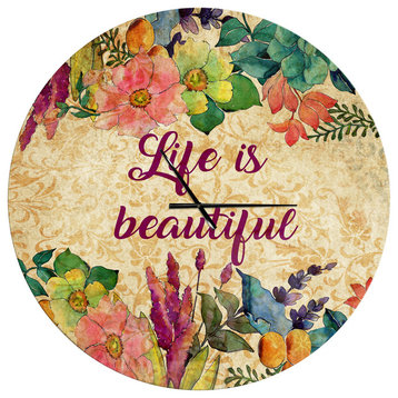 Life Is Beautiful Butterfly Floral Oversized Quote Metal Clock, 36"x36"