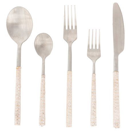 Rattan Stainless Steel Cutlery, Set of, White Wash