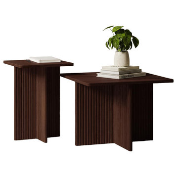Modern Set of 2 End Table, Ribbeb Patterned Crossed With Square Top, Walnut