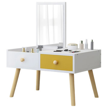Light Wooden Dressing Table with Storage and Folding Mirror, White