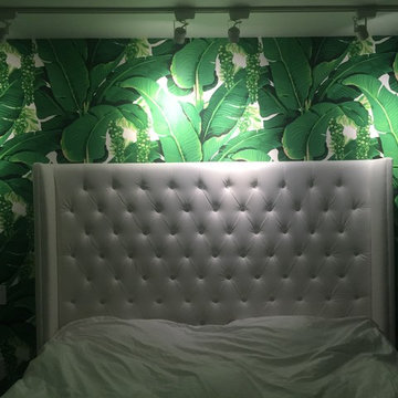 vintage wall-covering installation and flamingo wallpaper