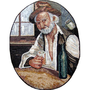 Old Man With A Bottle of Wine Marble Mosaic Mural, 33"x44"