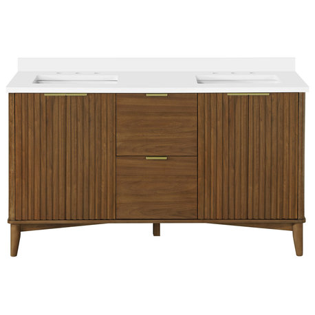 Gabi Bathroom Vanity with White Top, Warm Walnut, 60"