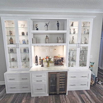 Custom Bar and Display Hutch Cabinet: Wine Fridge, Stemware Holder, Glass Doors