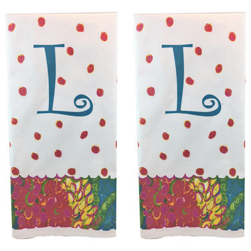 Tea Or Guest Towel, Cheerful Flower Border, Monogrammed L, Set of 2