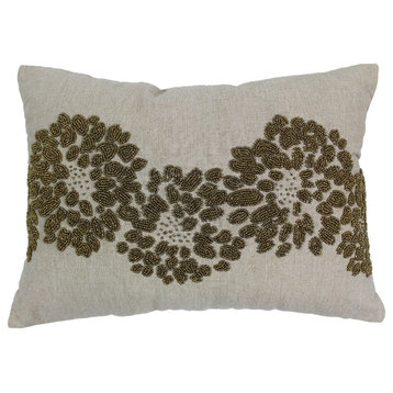 Floral Pattern Beaded Chambrey Throw Pillow, Gold Beads/ Natural Fabric, Single