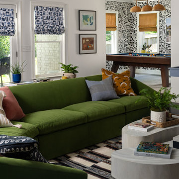 Graphic patterns everywhere in this bright basement.