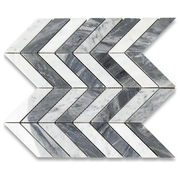 Chevron Tile Carrara White & Bardiglio Gray Marble Mosaic 1x4 Polished, 1 sheet