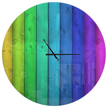 Rainbow Colors On Wooden Oversized Modern Metal Clock, 36"x36"