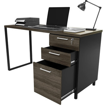 Modern Desk, Spacious Worktop With 3 Lockable Storage Drawers, Space Gray/Black