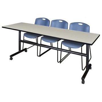 Kobe 84" Flip Top Mobile Training Table, Maple and 3 Zeng Stack Chairs, Blue