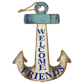 Welcome Friends Wood Anchor Shaped Wall Plaque 20 Inches Blue and White