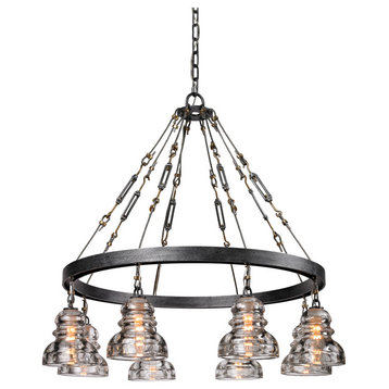 Menlo Park, 8 Light Chandelier, Old Silver Finish, Historic Pressed Clear Glass