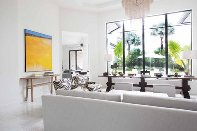 Large contemporary formal open concept living room in Miami with white walls, marble floors, a ribbon fireplace, grey floor and recessed.